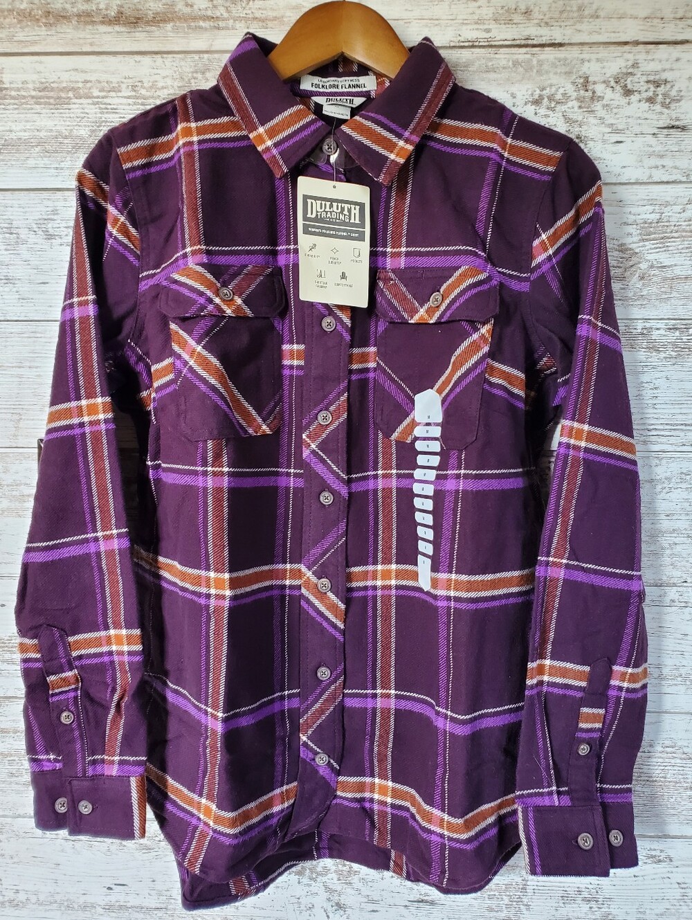 Duluth Trading Co Folklore Flannel Shirt Purple Orange Plaid NWT